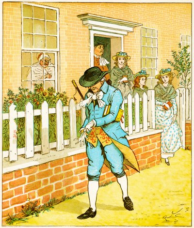 In Islington there lived a man of whom the world might say that still a godly race he ran, illustration for Elegy on a Mad Dog by Oliver Goldsmith by Randolph Caldecott